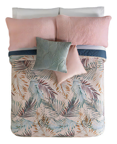 Edredon Creta King Size Hojas Azul Y Rosa 2 Vistas Vianney