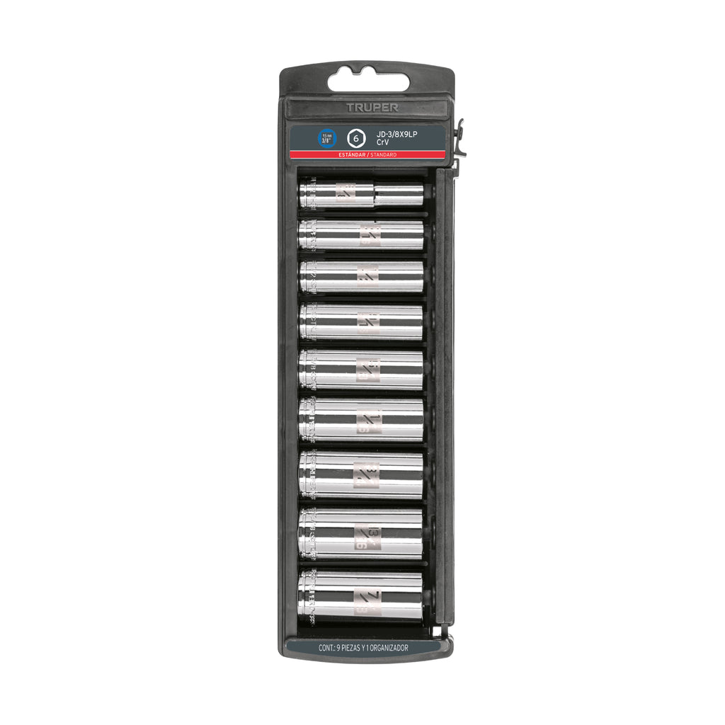 Juego de 9 Dados Largos Estándar Cuadro 3/8 Truper 14172 Profesional